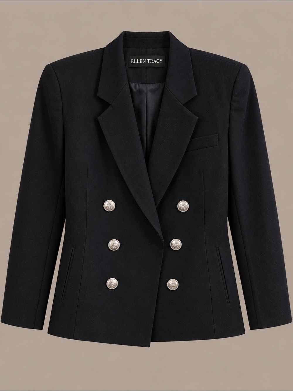 Vintage Ellen Tracy Black Double-Breasted Blazer with Silver Buttons
